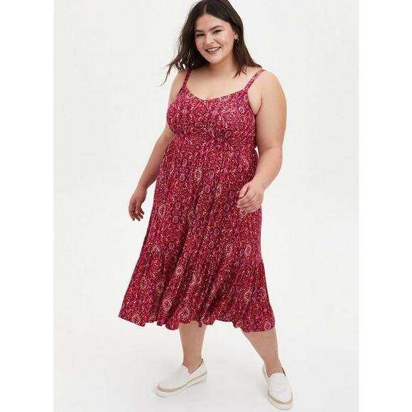 Torrid Midi Super Soft Tiered Dress Multi Medallion Magenta Purple Cream 10 00 - Picture 1 of 10